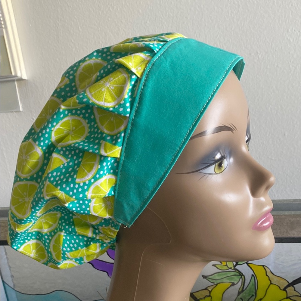 Citrus Lemon Print Turquoise bouffant scrub hat cap with adjustable toggle